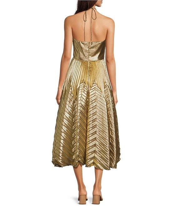 Alex Marie Petite Size Olympia Woven Metallic Hatler Sweetheart Neck Sleeveless Ruched Fit and Flare Flounce Midi Dress Product Image