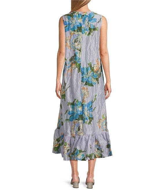 Bryn Walker Memory Crunch Taffeta Angelina Printed Round Neck Sleeveless Hi-Low Hem Midi Dress Product Image