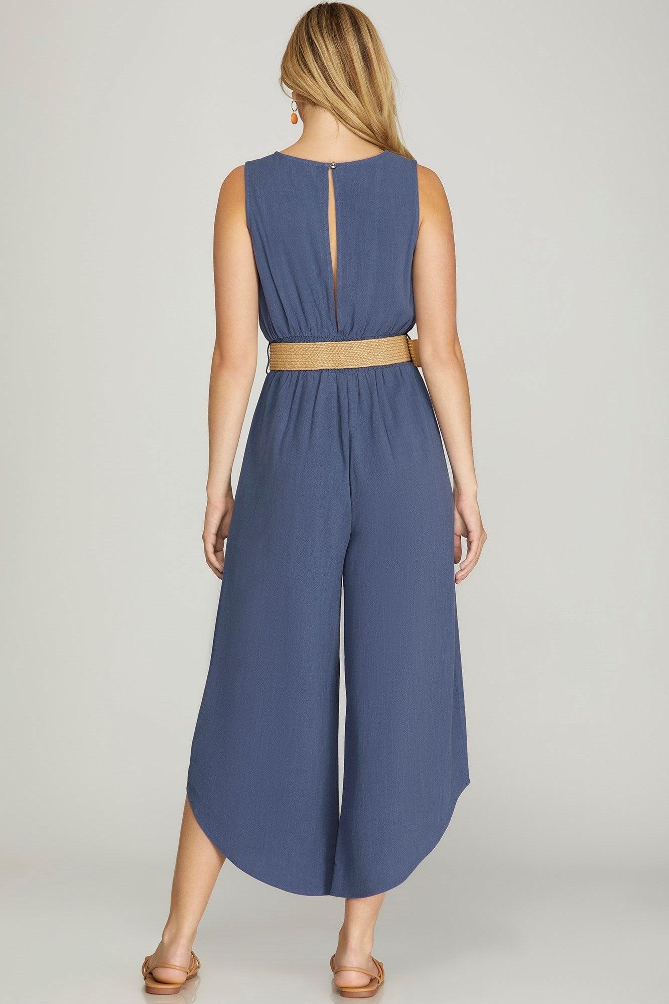 Woven Jumpsuit with smocked waist and belt Product Image