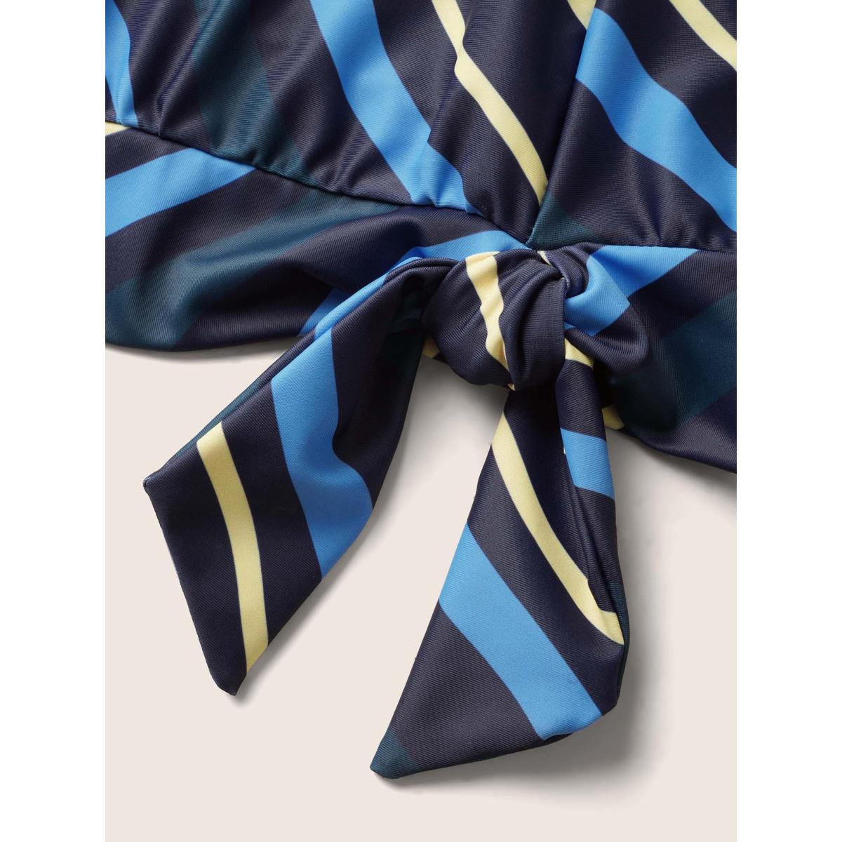 Plus Size Striped Keyhole Tie Knot Swim Top Women's Swimwear Cerulean Beach Tie knot High stretch Bodycon Asymmetrical Neck Curve Swim Tops BloomChic 18-20/2X Product Image