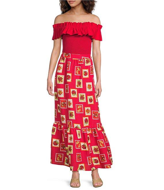 Skies Are Blue Mixed Media Off-The-Shoulder Ruffle Detail Top Product Image