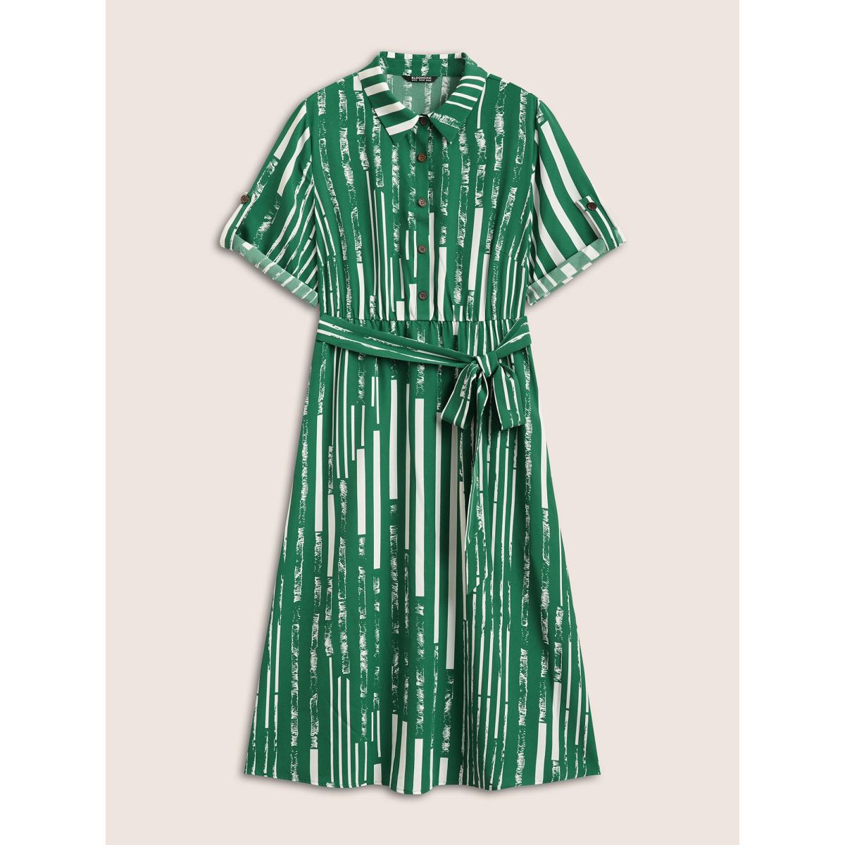 Plus Size Geometric Shirt Collar Tab Sleeve Belted Dress DarkGreen Women At the Office Belted Shirt collar Elbow-length sleeve Curvy Midi Dress BloomChic 18-20/2X Product Image