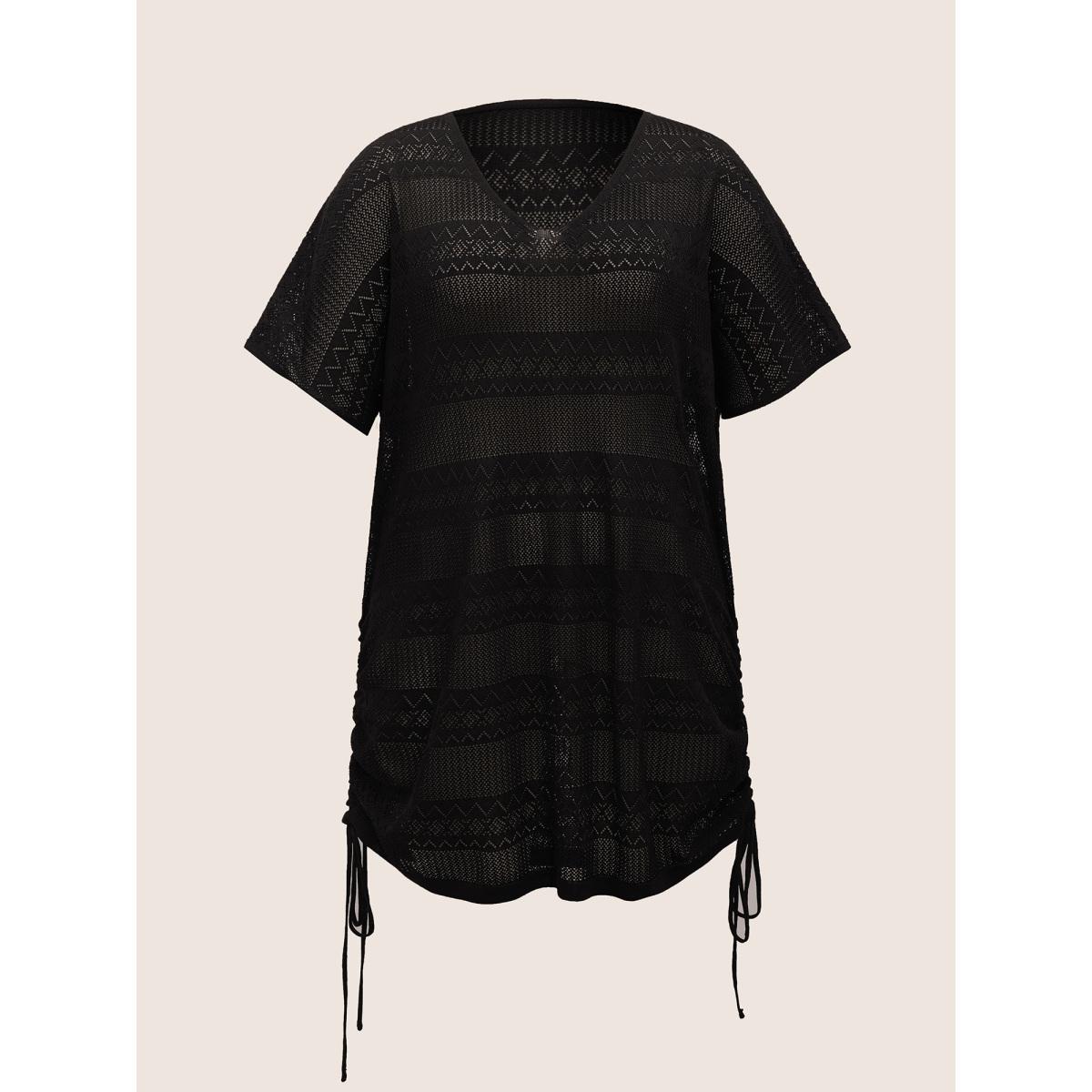 Plus Size Deep V Neck Cut Out Drawstring Swim Cover Up Women's Swimwear Black Resort Loose Cut-Out Curve Swim Cover Ups BloomChic 22-24/3X Product Image