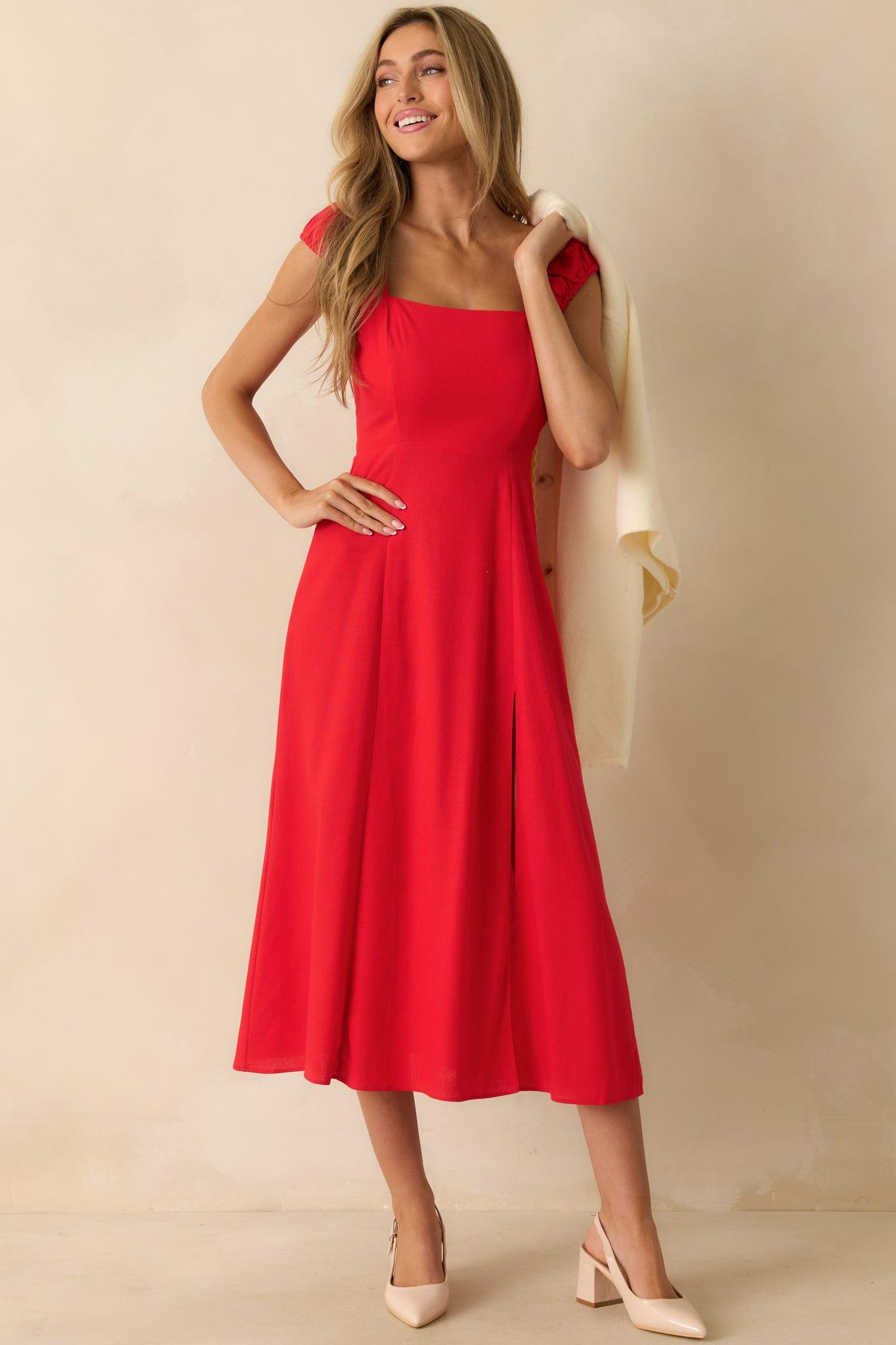 Radiant Reverie Red Linen Midi Dress Product Image