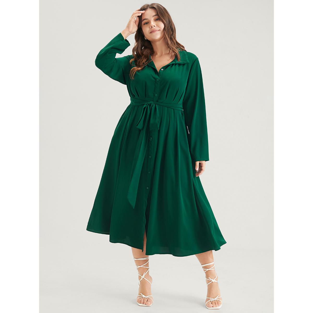 Plus Size Solid Button Pocket Flutter Knotted Shirt Collar Midi Dress DarkGreen Women Office Cross straps Shirt collar Long Sleeve Curvy Midi Dress BloomChic 28/5X Product Image