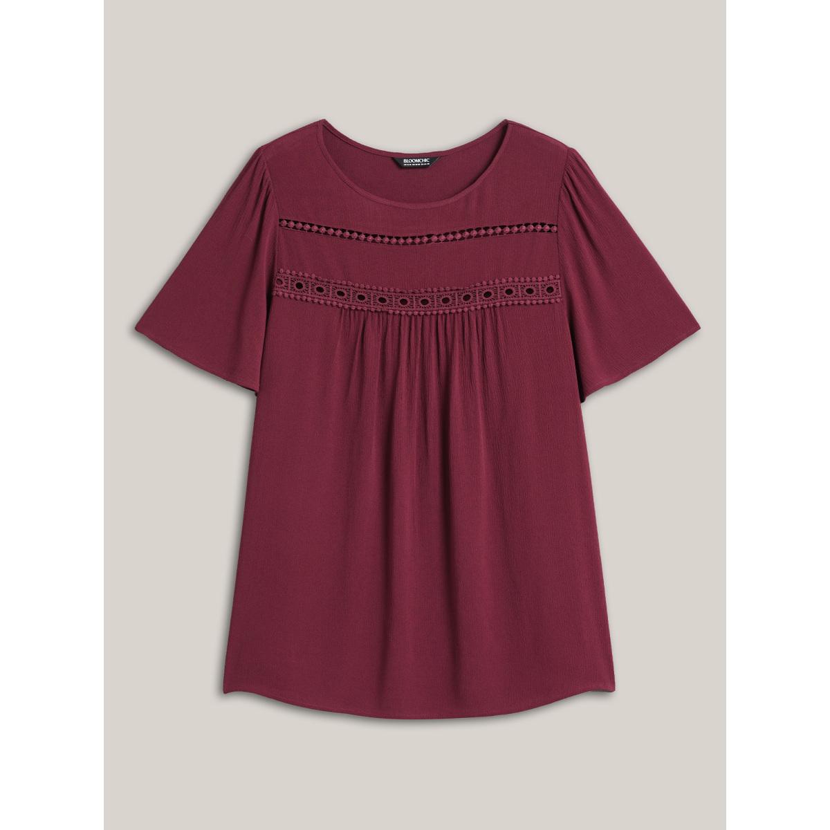 Plus Size Burgundy Lace Cut-Out Round Neck Pleated Shirt Women Elegant Short sleeve Round Neck Everyday Blouses BloomChic 22-24/3X Product Image