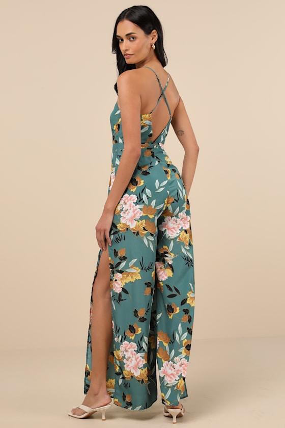 Beautiful Blooms Teal Green Floral Print Wide-Leg Jumpsuit Product Image