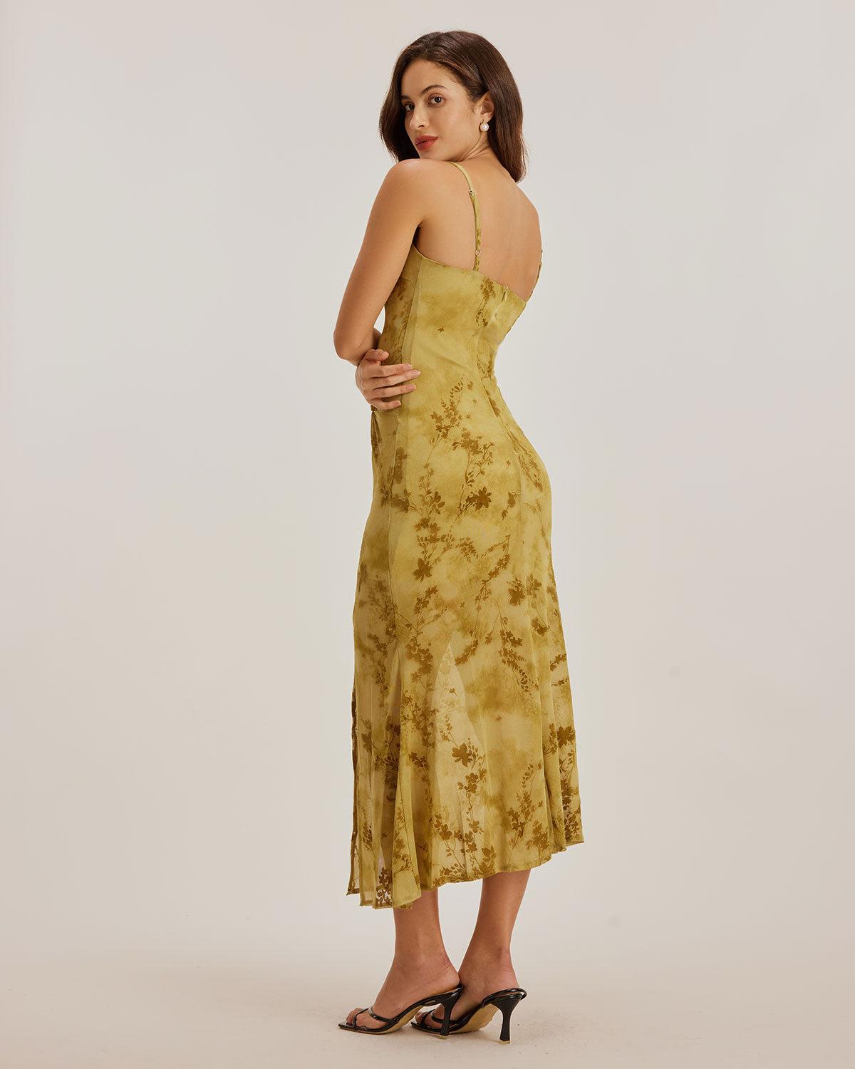 Green Floral Ruched Slip Midi Dress Product Image