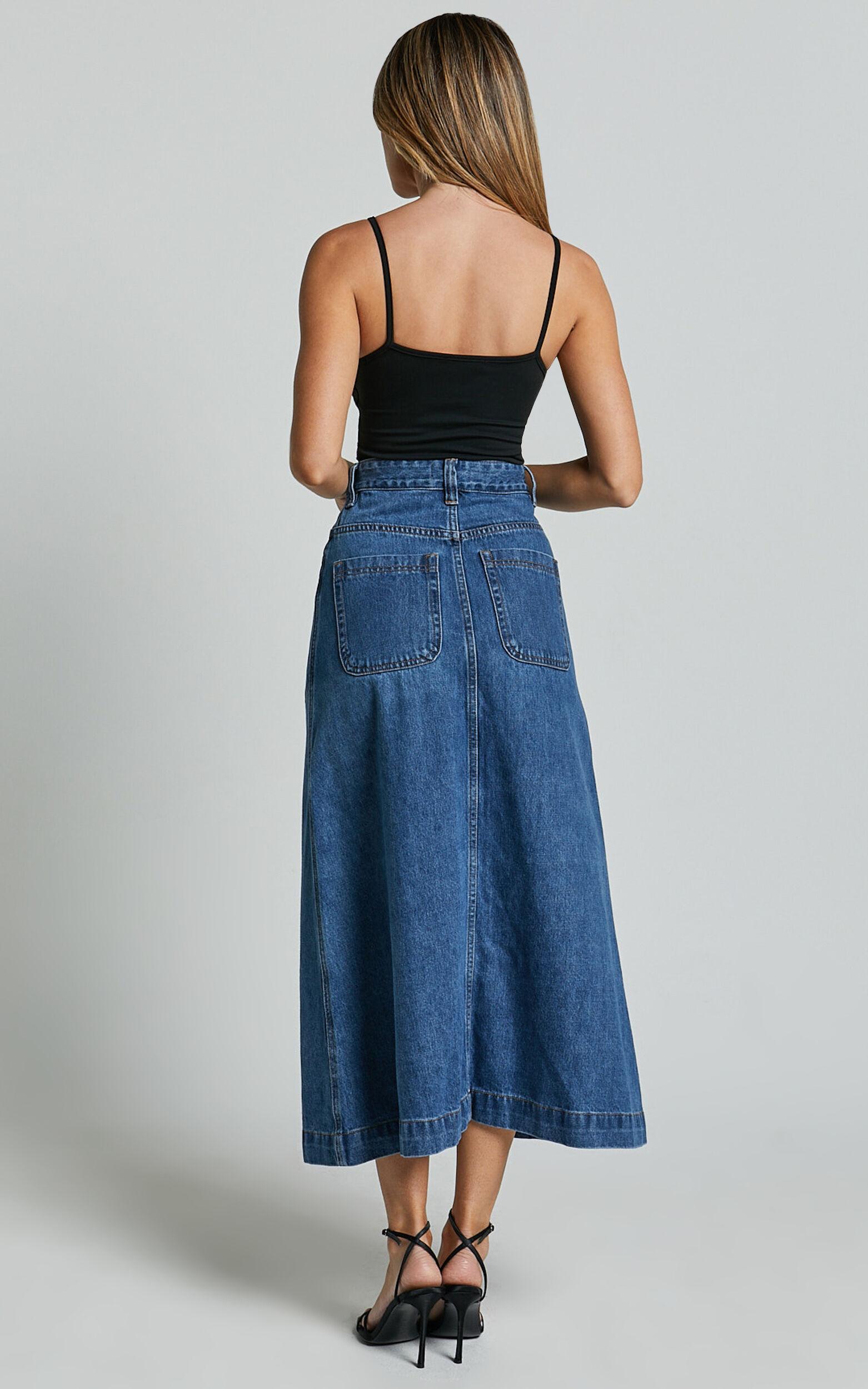 Alisa Midi Skirt - Button Through A Line Denim Skirt in Dark Blue Wash Product Image