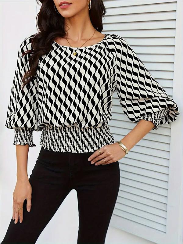 Loose Puff Sleeves Elasticity Printed Split-Joint Round-Neck Blouses&Shirts Tops Product Image