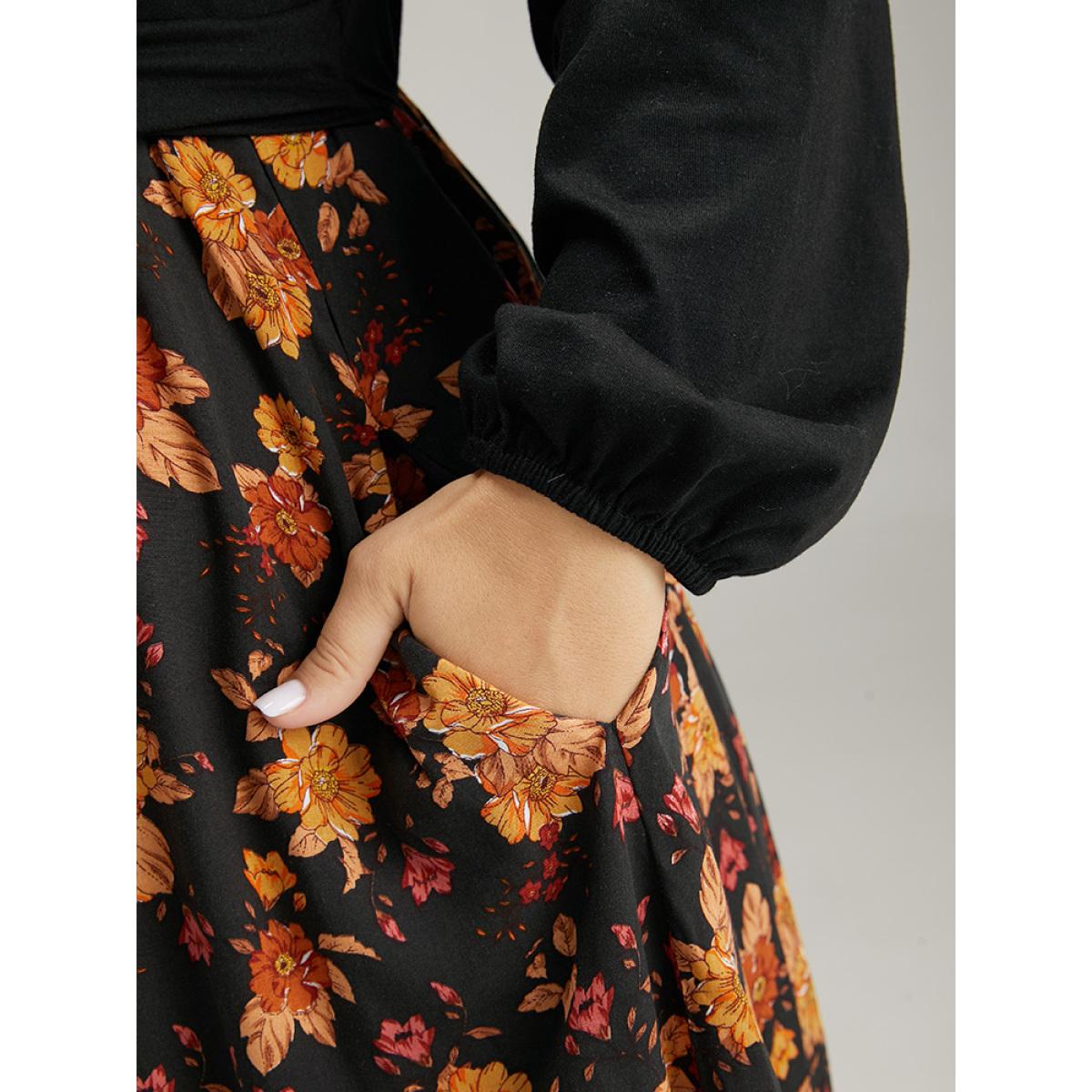 Plus Size Supersoft Essentials Floral Patchwork Twist Front Dress Black Women Elegant Elastic cuffs V-neck Long Sleeve Curvy Midi Dress BloomChic 28/5X Product Image