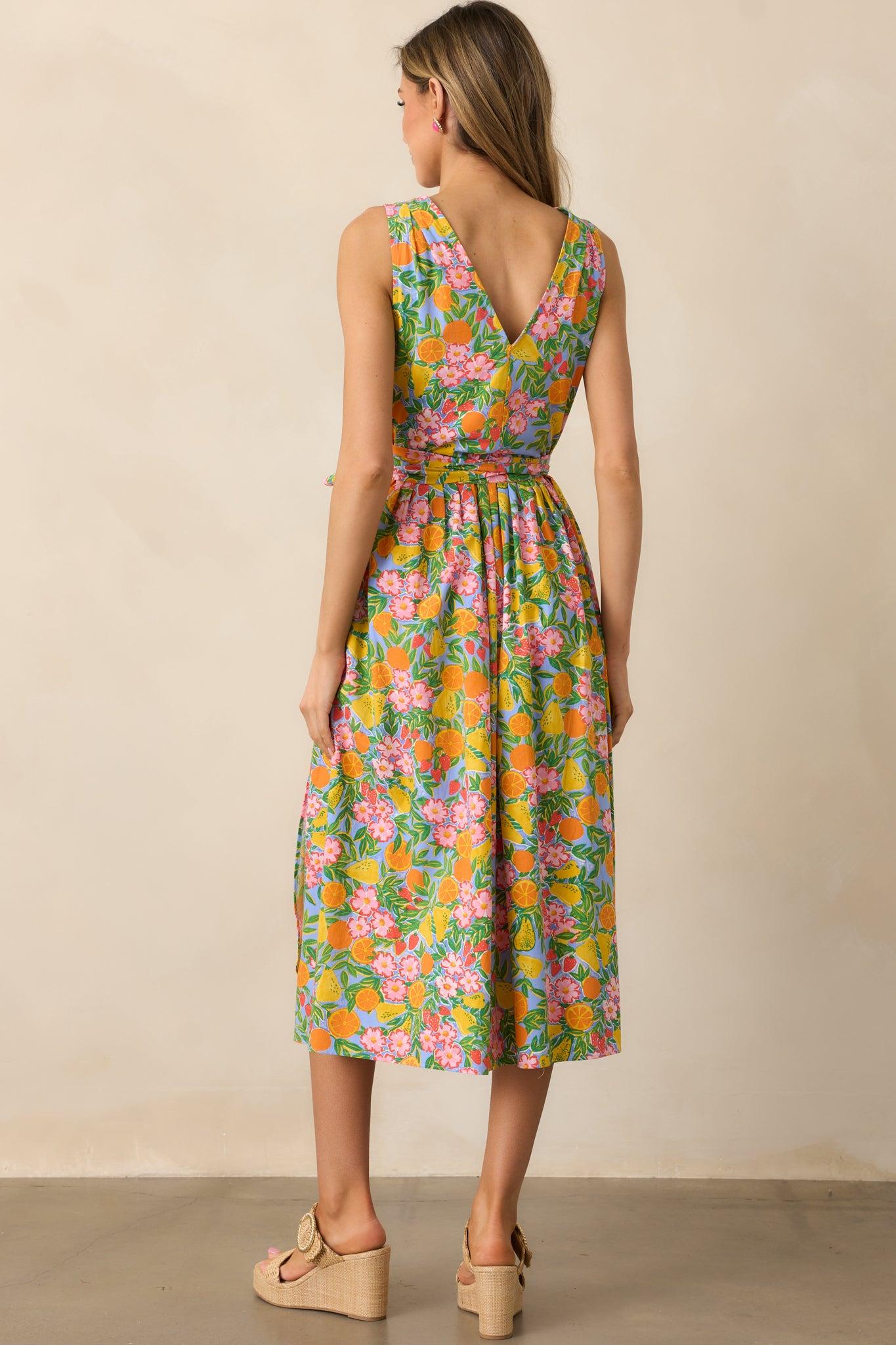 Citrus Bloom Sky Blue Multi Print Midi Wrap Dress Product Image
