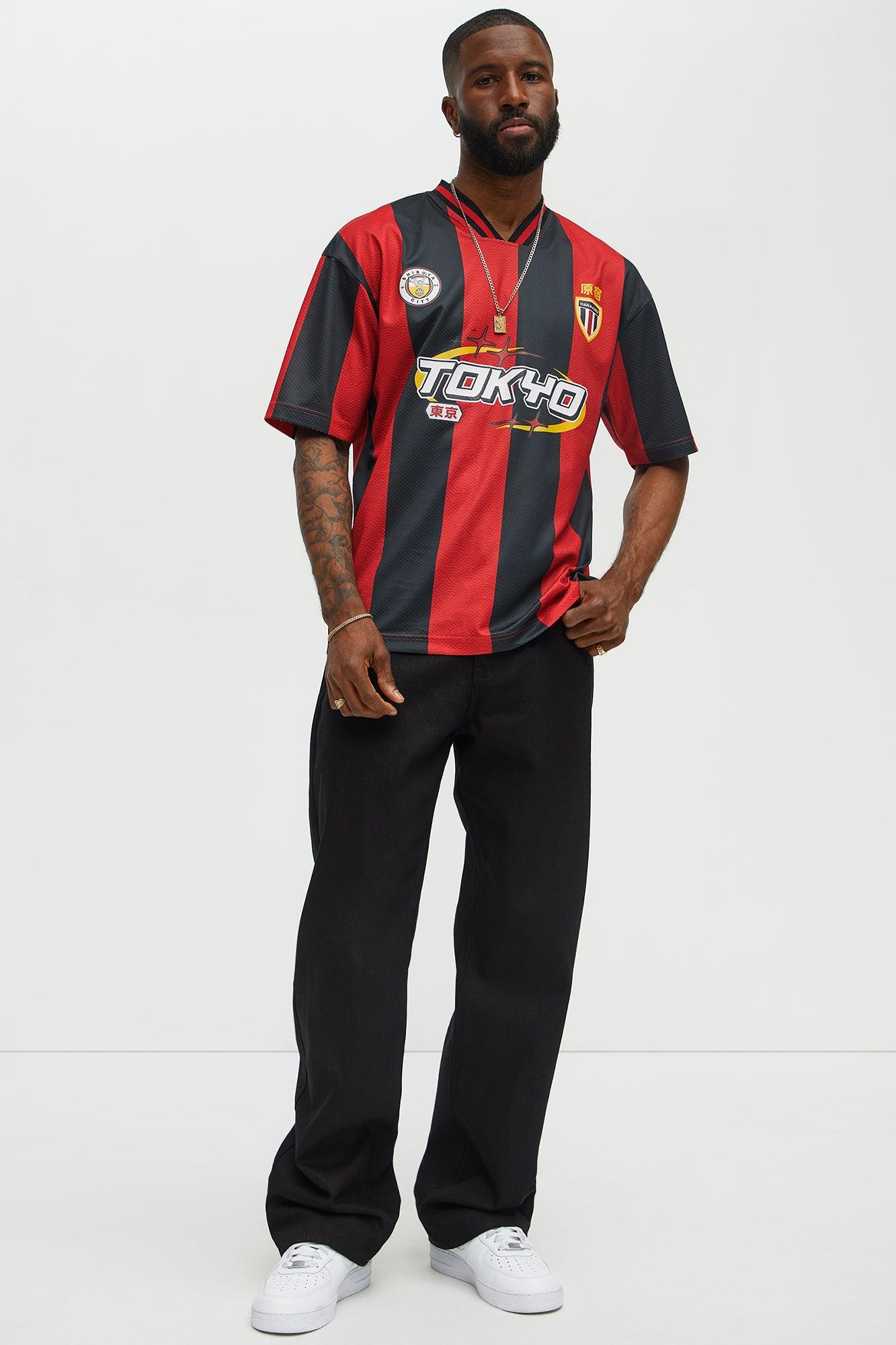 Tokyo Striped Short Sleeve Soccer Jersey - Red/Black Male Product Image