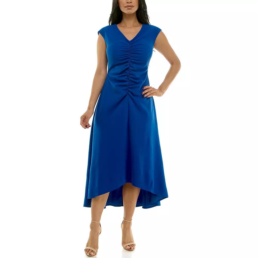 Women's Maison Tara V-Neck Cap Sleeve Ruched Front Midi Dress,  Product Image