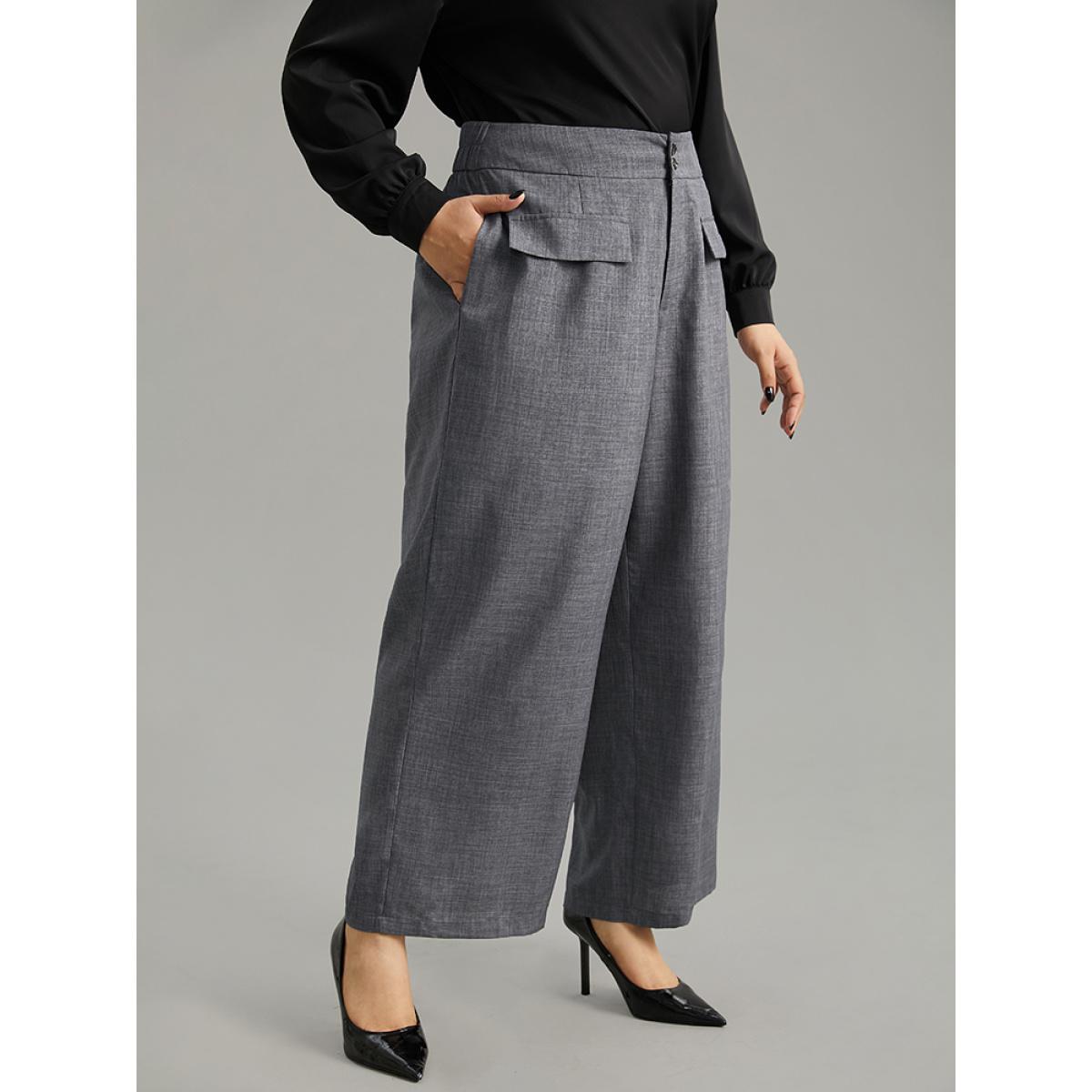 Plus Size Textured Button Up Flap Detail Wide Leg Pants Women Gray Office Wide Leg High Rise Office Pants BloomChic 18-20/2X Product Image