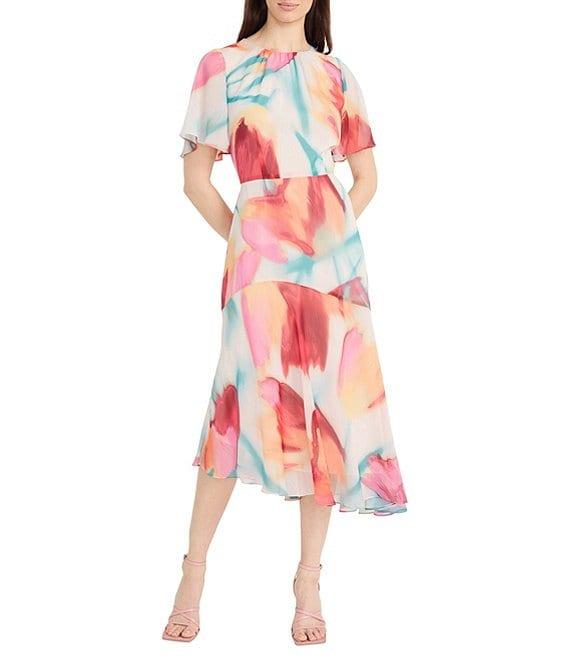Maggy London Crew Neck Short Sleeve Abstract Floral Print Asymmetrical Hem Midi Dress Product Image