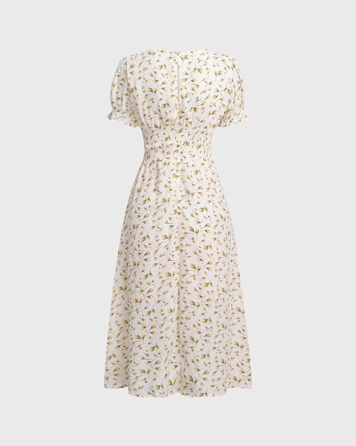 Yellow Floral Square Neck Shirred Midi Dress Product Image