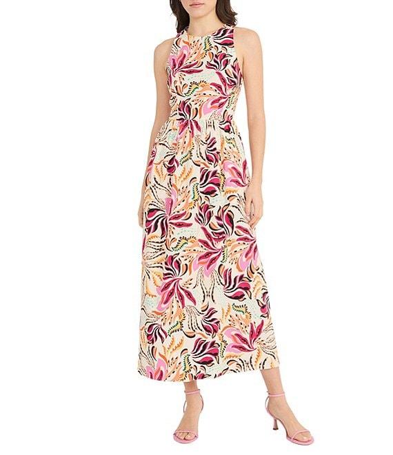 Donna Morgan Crew Neck Floral Print Cotton Poplin Midi Dress Product Image