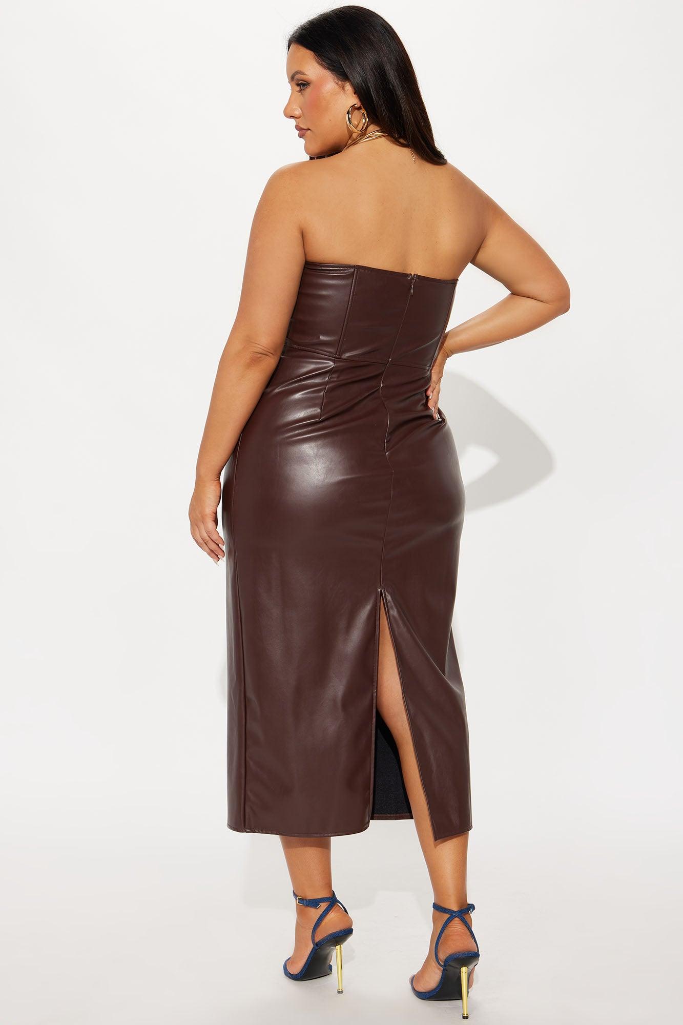 Fall Leaves Faux Leather Midi Dress - Chocolate Female Product Image
