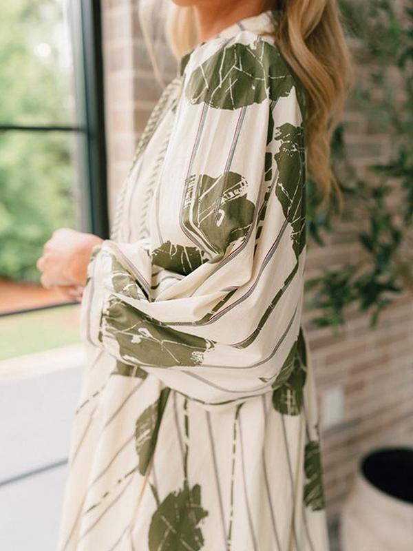 High Waisted Long Sleeves Printed Tied V-Neck Mini Dresses Product Image