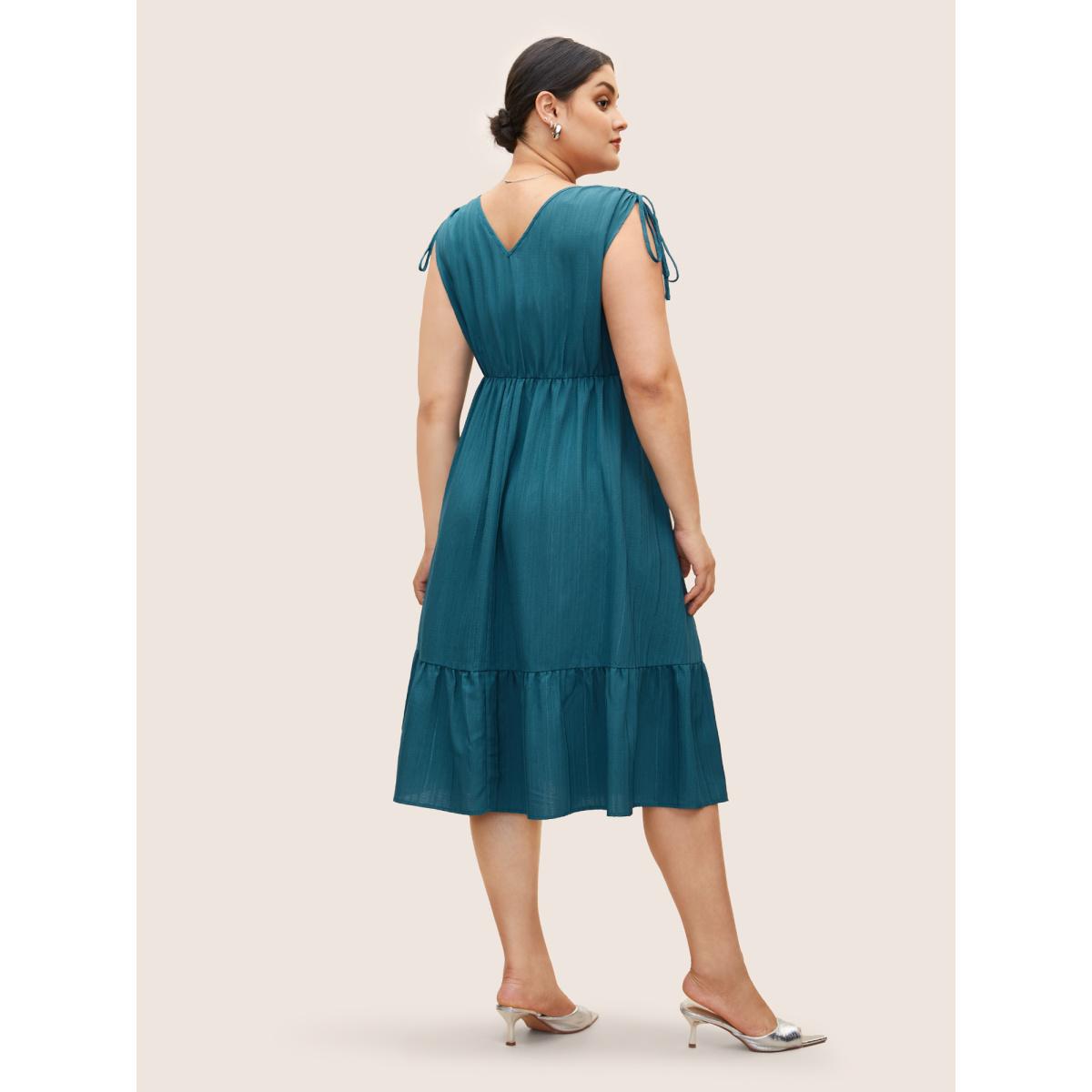 Plus Size Plain Textured Drawstring Ruffle Hem Dress Cerulean Women At the Office Texture V-neck Sleeveless Curvy BloomChic 22-24/3X Product Image