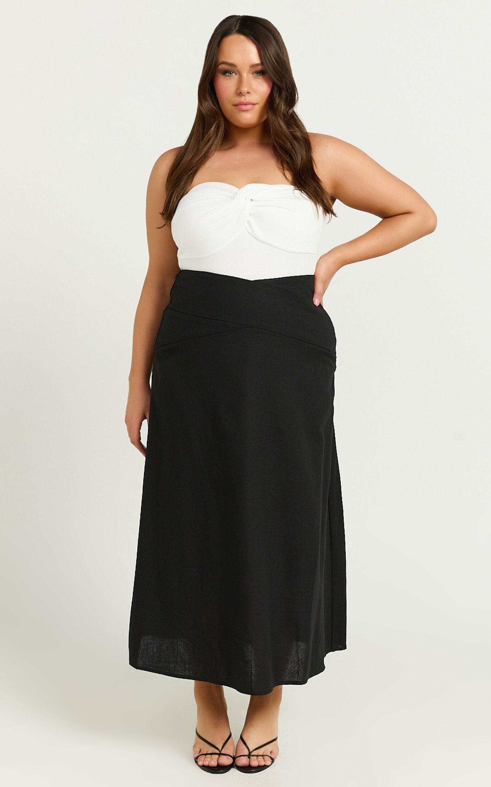 Sundry Midi Skirt - Linen High Waisted Cross Front Detail Skirt in Black Product Image