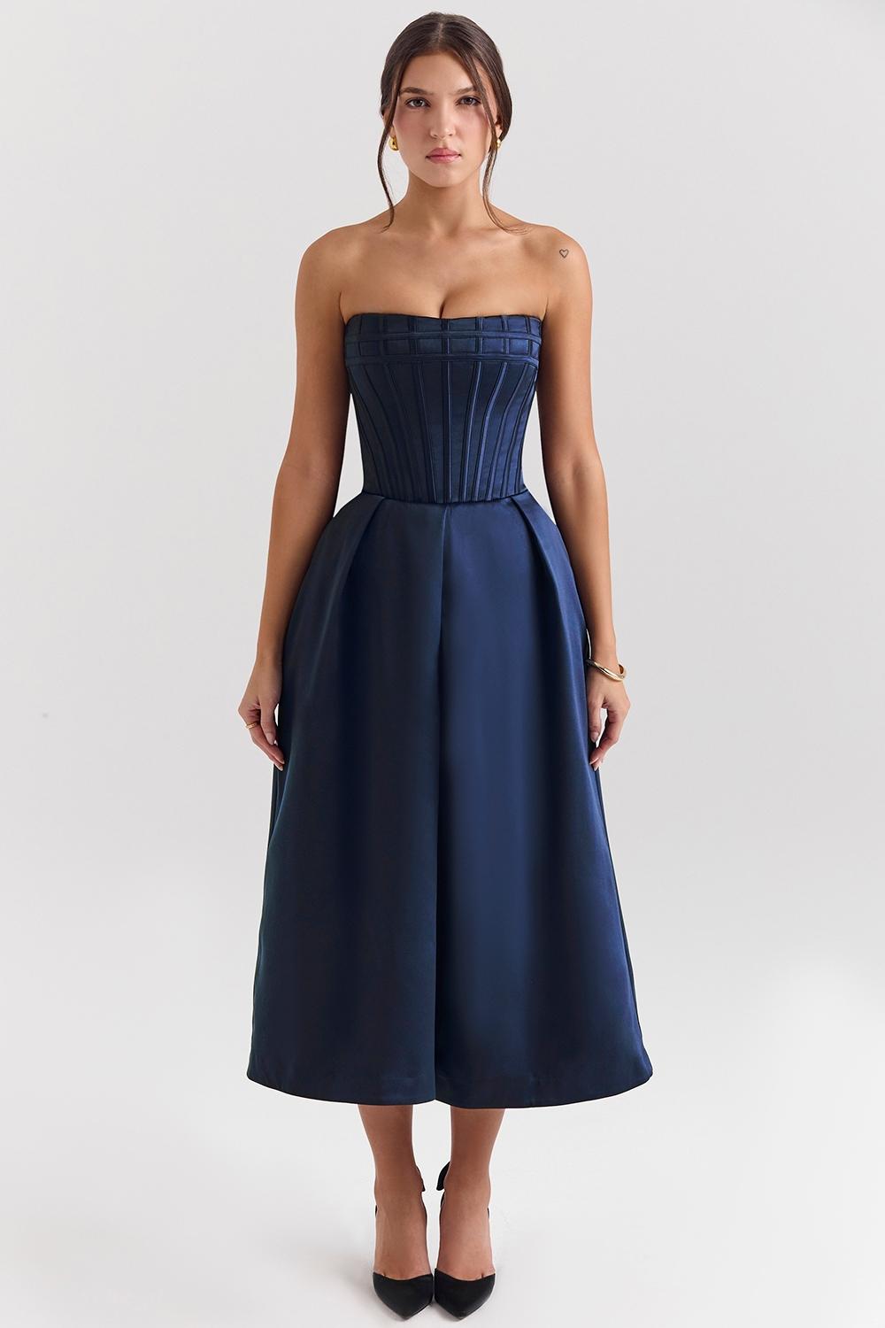 Bellina  midnight blue strapless detachable bow midi dress - sale Product Image