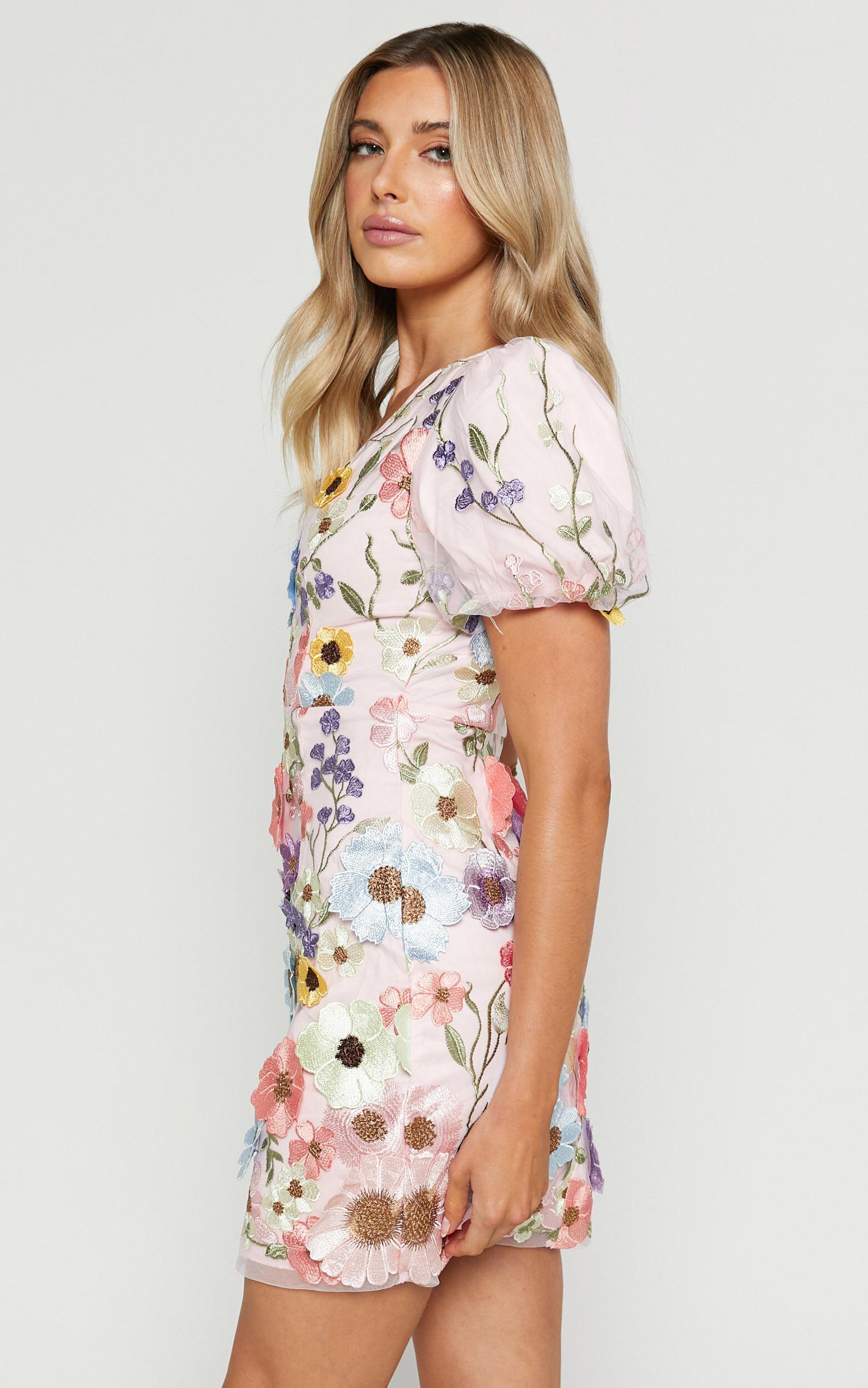Wren Mini Dress - Puff Sleeve Bodycon 3d Garden Flowers Dress in Pink Product Image