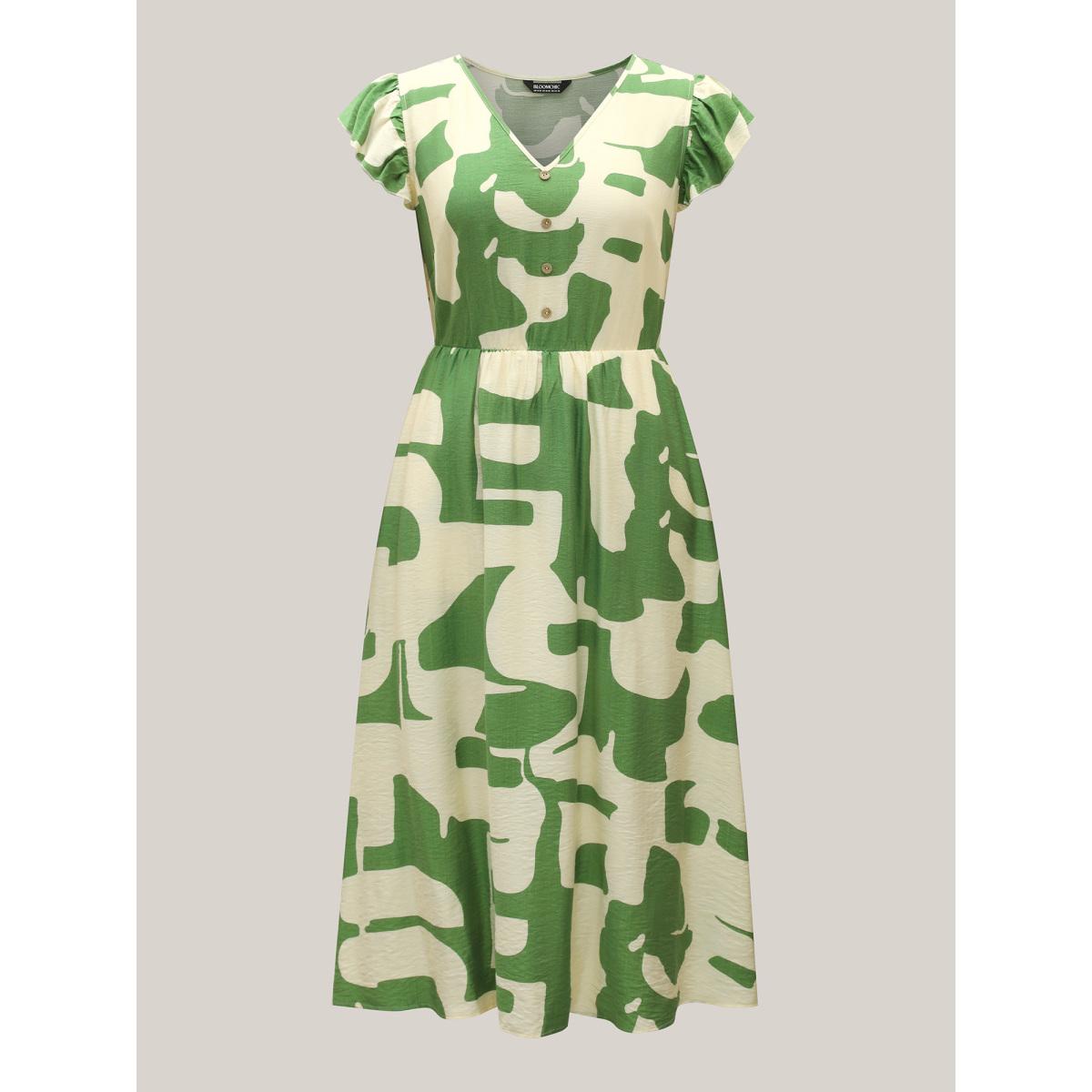 Plus Size Geometric Print Cinched-Waist Button Midi Dress Olive Women V-neck Short sleeve Curvy BloomChic 12/L Product Image
