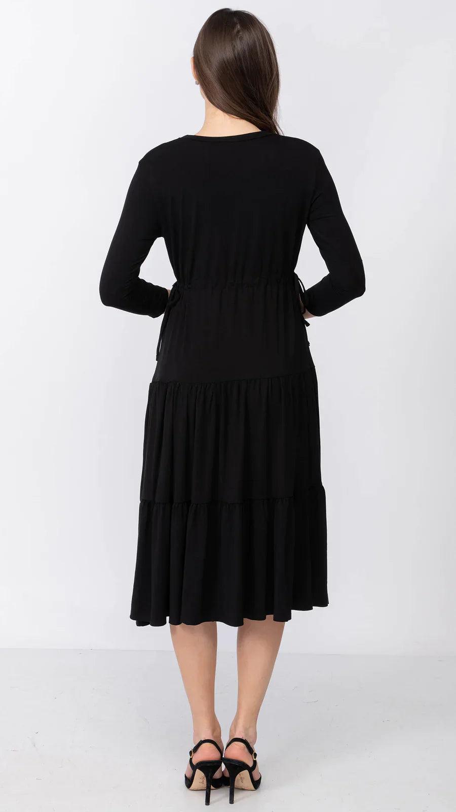 Tiered Drawstring Dress - Black Product Image