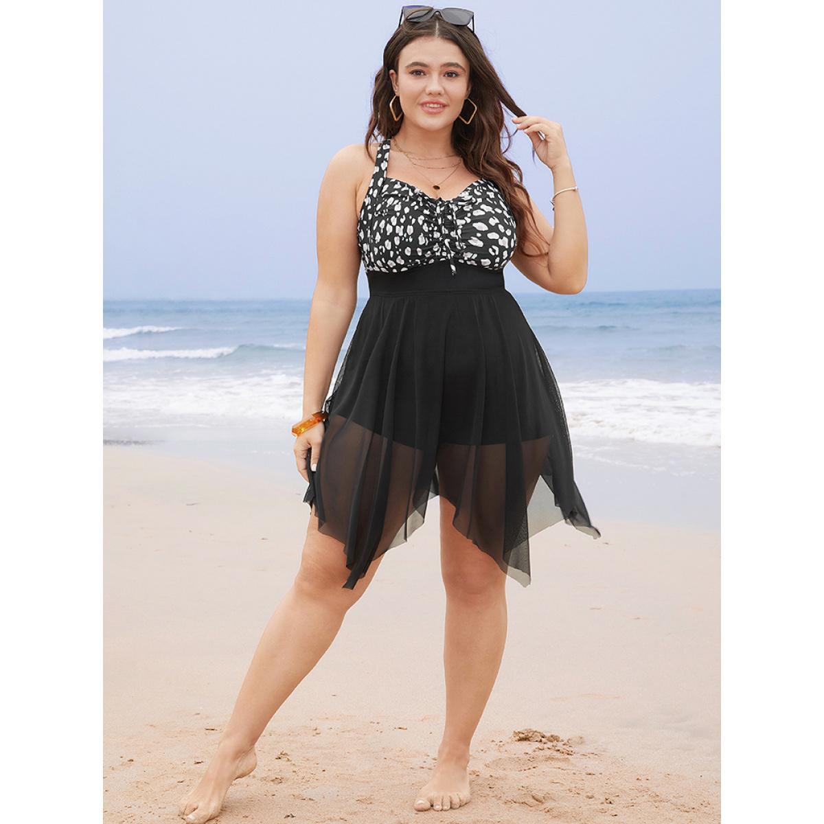 Plus Size Leopard Patchwork Drawstring Front Mesh Hanky Hem Swim Dress Women's Swimwear Black Vacation Bodycon Spaghetti Strap High stretch Curve Swim Dresses BloomChic 14-16/1X Product Image