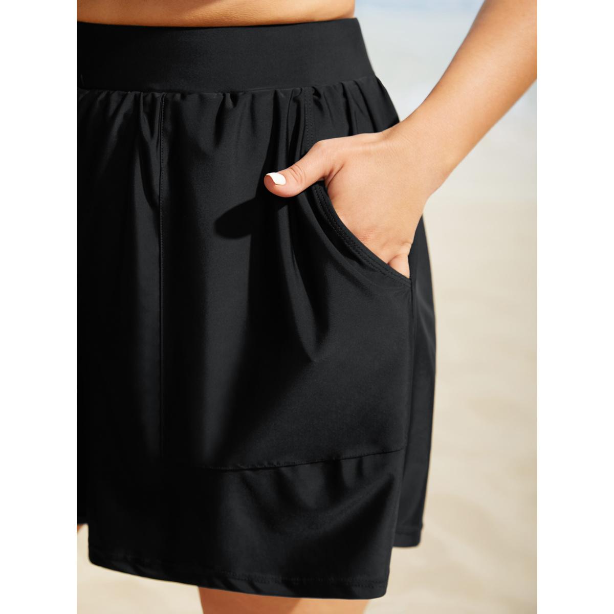 Plus Size High Rise Slanted Pocket Gathered Swim Bottom Women's Swimwear Black Beach Gathered High stretch Bodycon High Rise Slanted pocket Curve Swim Bottoms BloomChic 12/L Product Image