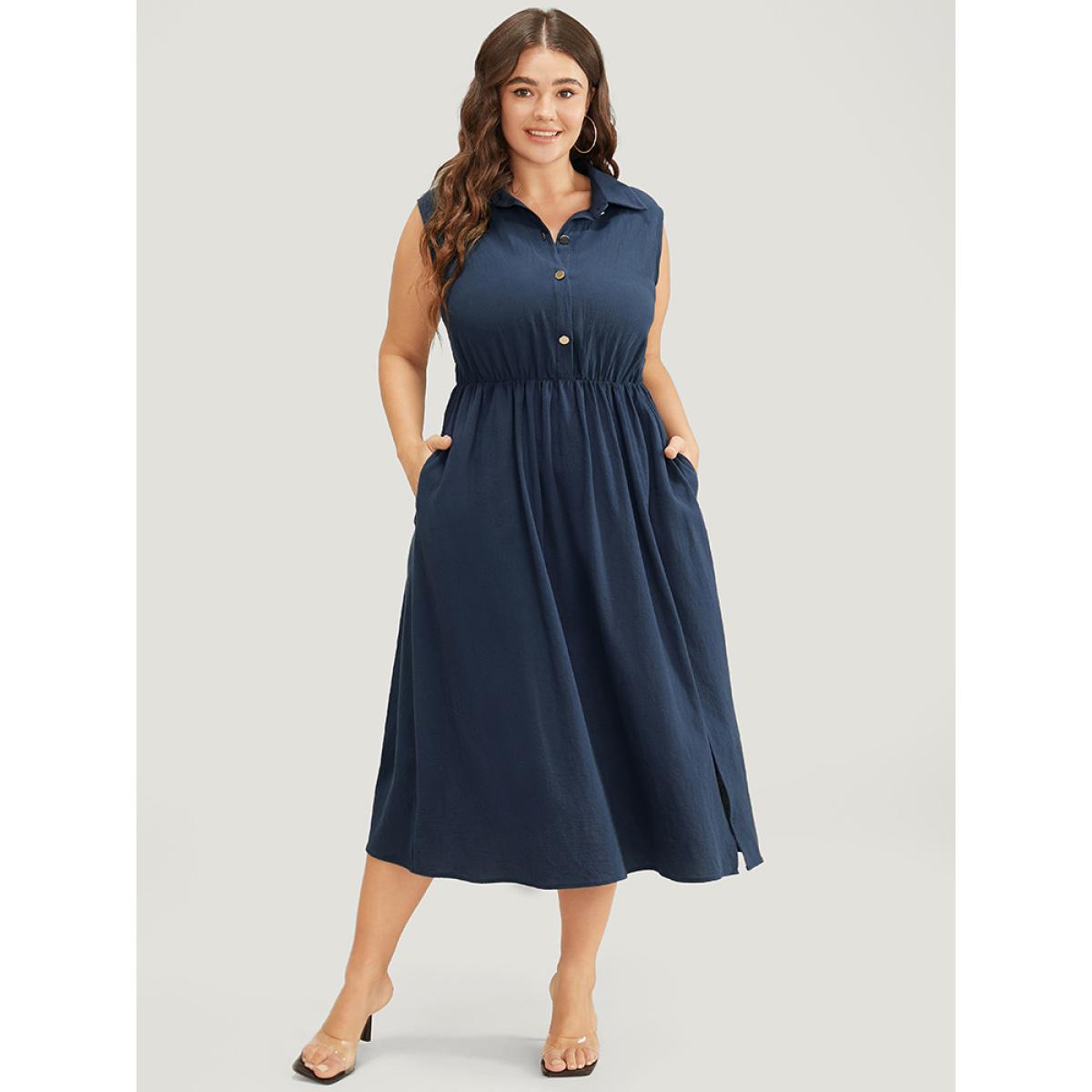 Plus Size Solid Shirt Collar Sleeveless Pocket Button Up Split Hem Dress Indigo Women Office Button Shirt collar Sleeveless Curvy Midi Dress BloomChic 26/4X Product Image