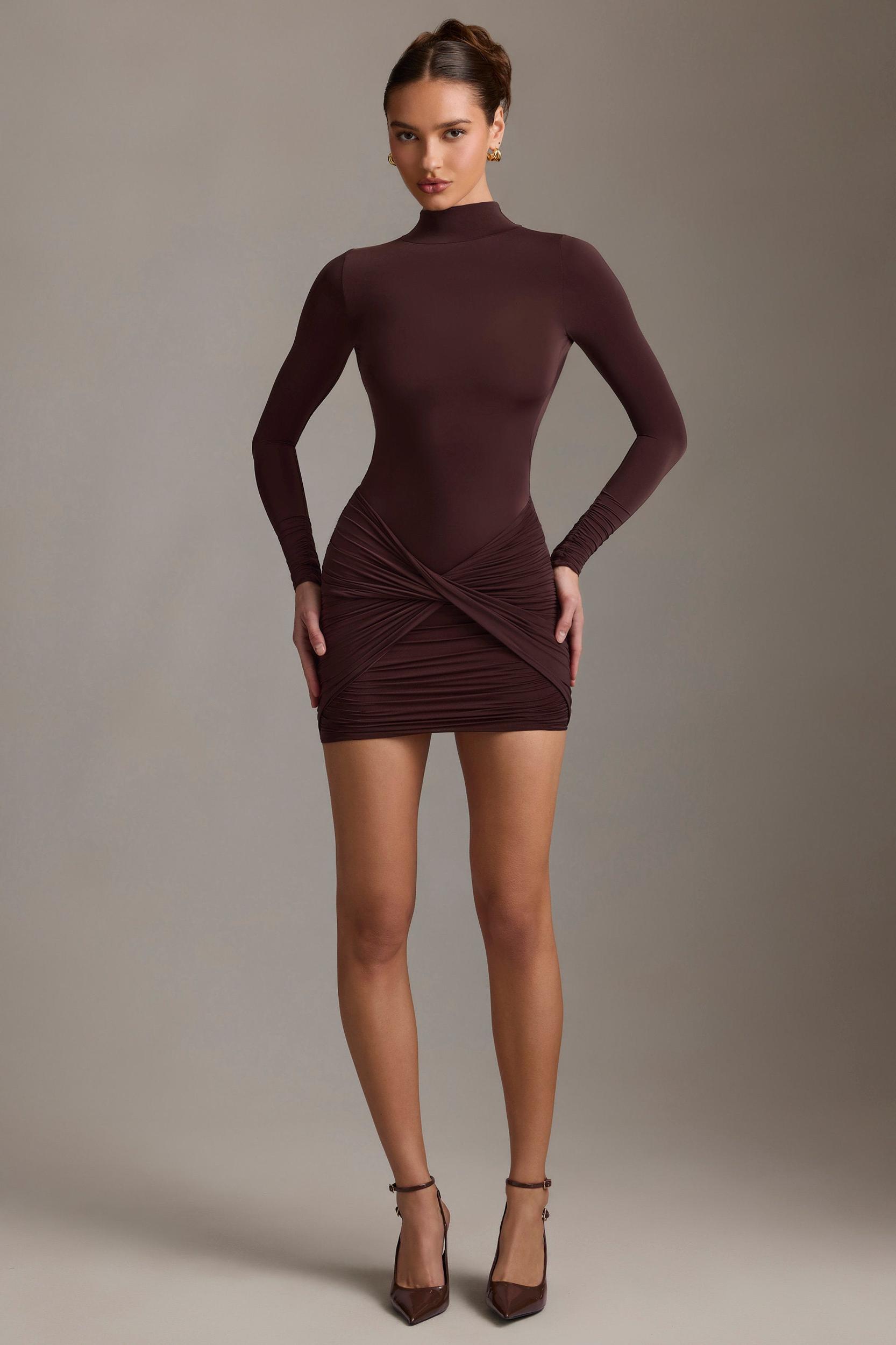 Ruched Backless Turtleneck Mini Dress in Chocolate Brown Product Image