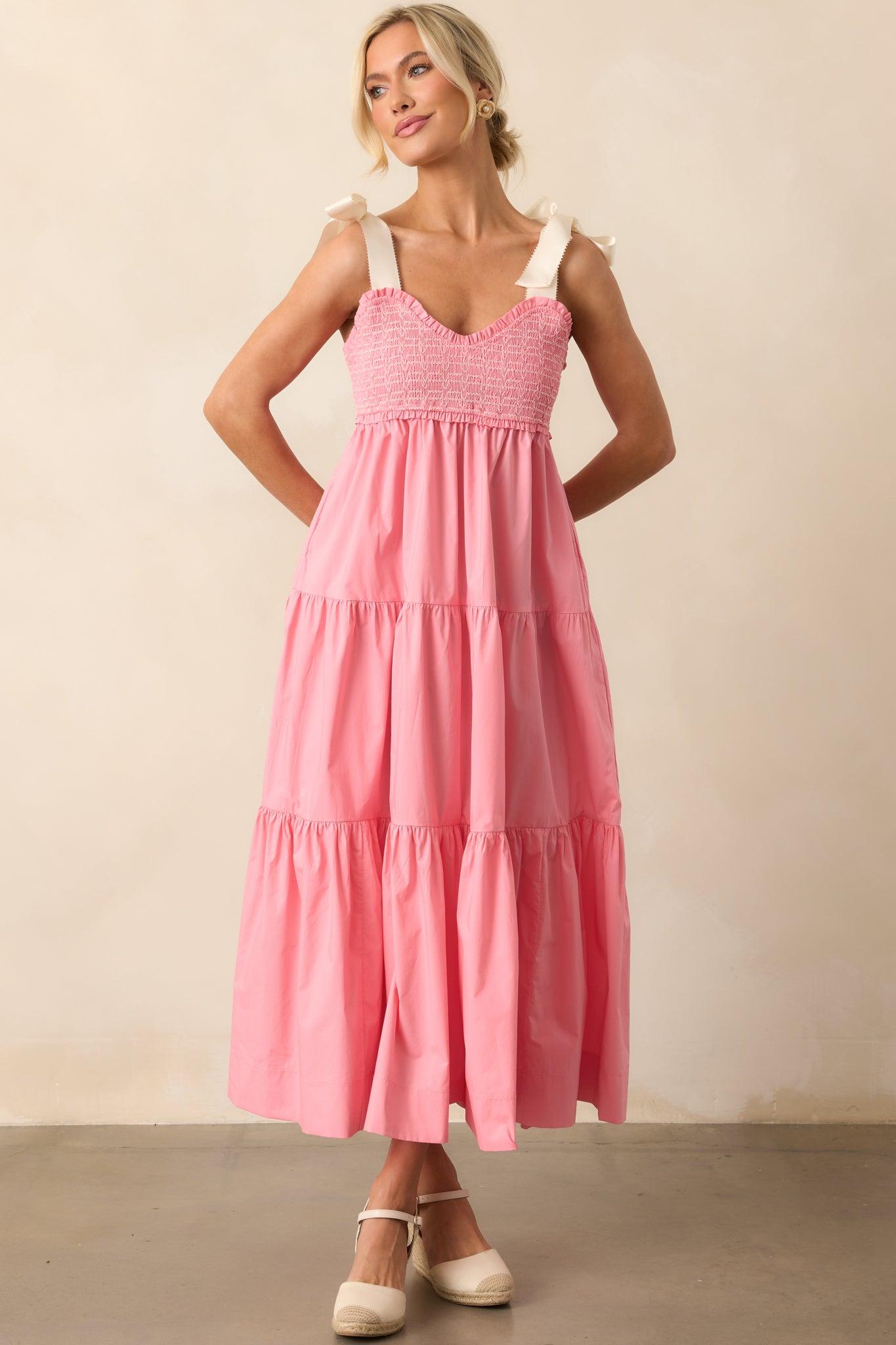 The Felicity Pink Coral Cotton Midi Dress Product Image