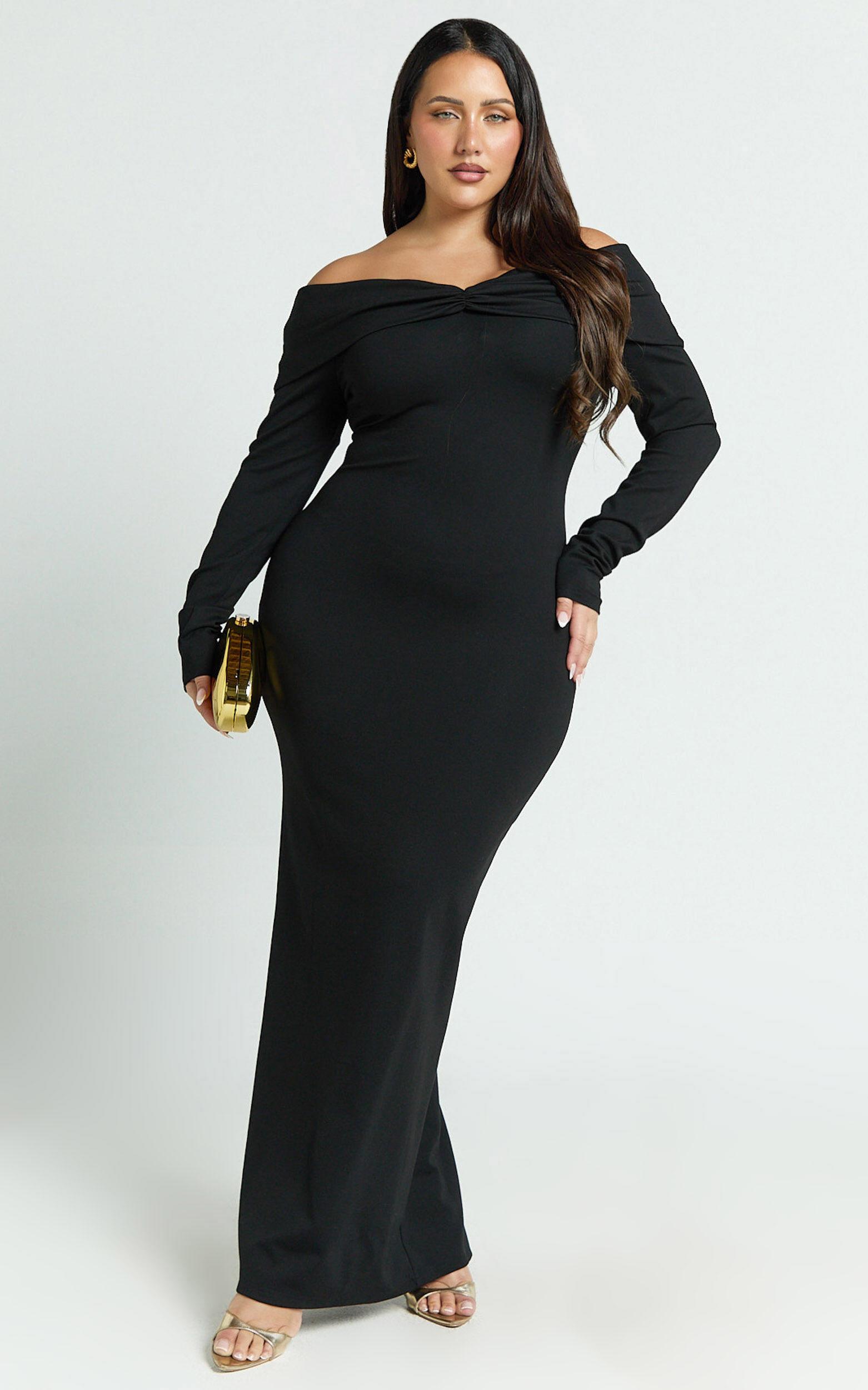 Rani Maxi Dress - Off Shoulder Long Sleeve Bodycon Dress in Black Product Image
