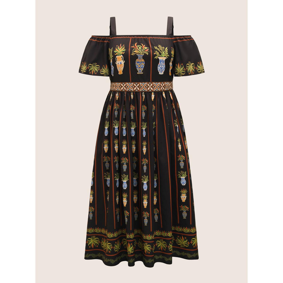 Plus Size Boho Print Off Shoulder Woven Ribbon Dress Black Women Elegant Woven ribbon&lace trim One-shoulder neck Short sleeve Curvy BloomChic 12/L Product Image