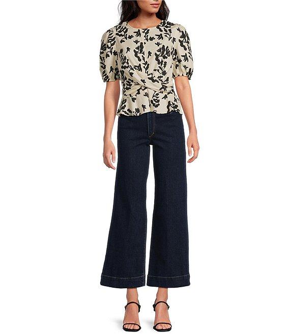 Skies Are Blue Printed Cotton Poplin Crew Neck Short Sleeve Criss Cross Front Top Product Image