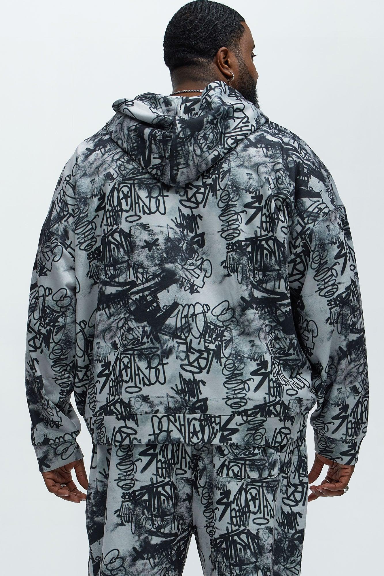 Vandal Oversized Graffiti Zip Up Hoodie - Grey Product Image