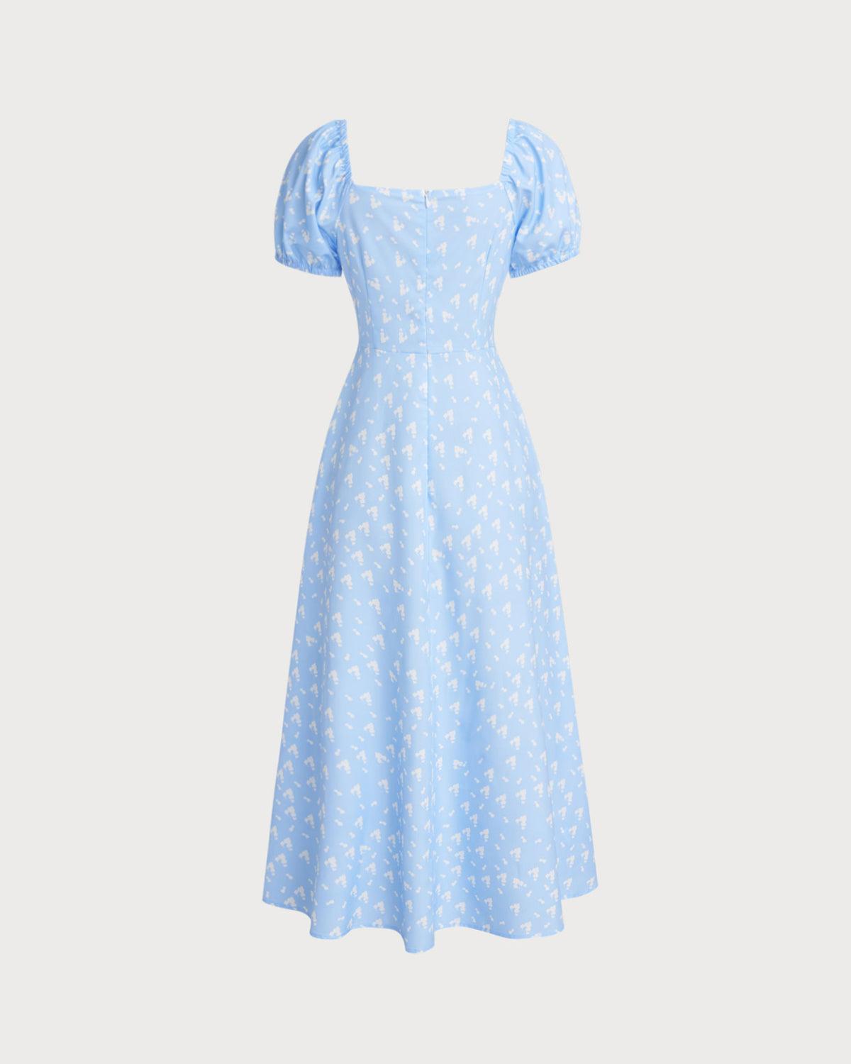 Blue Floral Puffed Sleeve Midi Dress Product Image