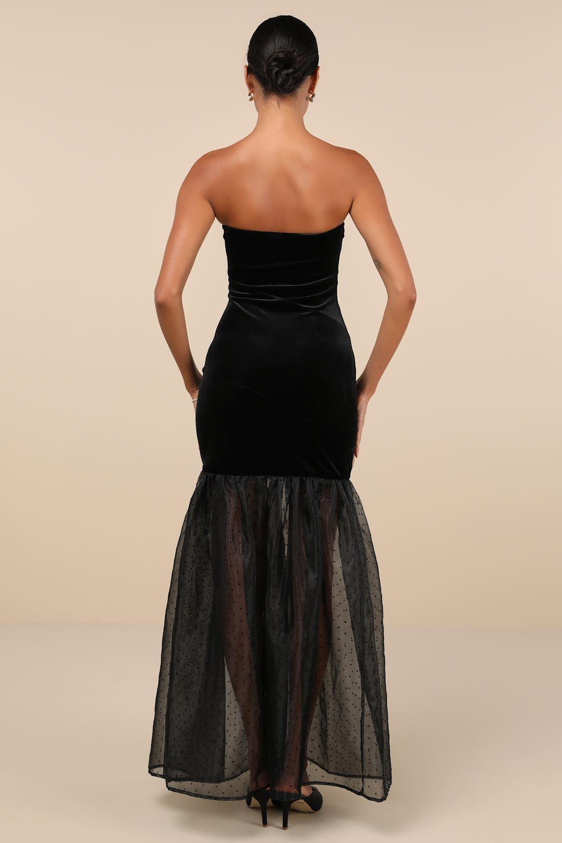 Esteemed Glamour Black Velvet Strapless Trumpet Hem Maxi Dress Product Image