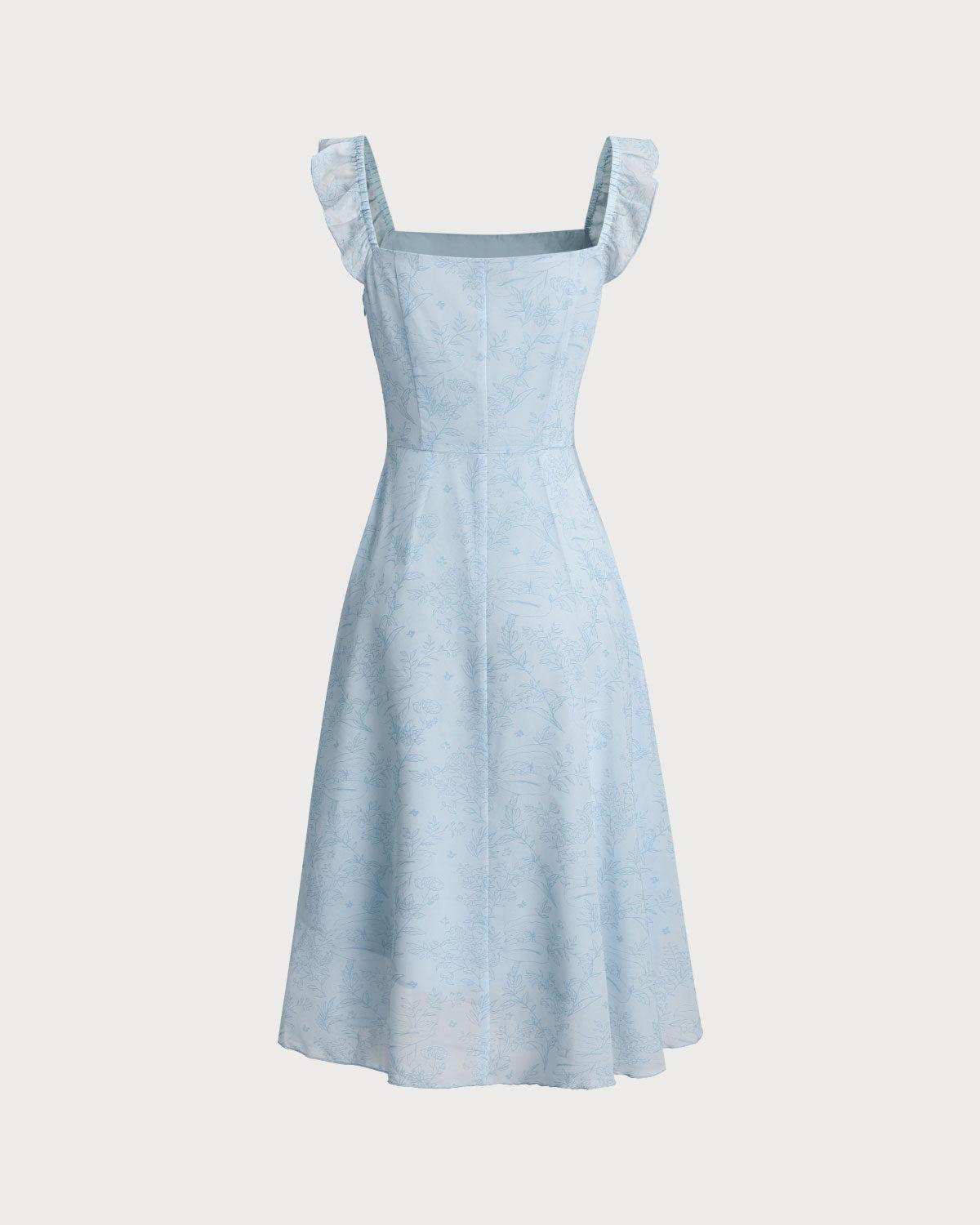 Blue Square Neck Ruffle Midi Dress Product Image
