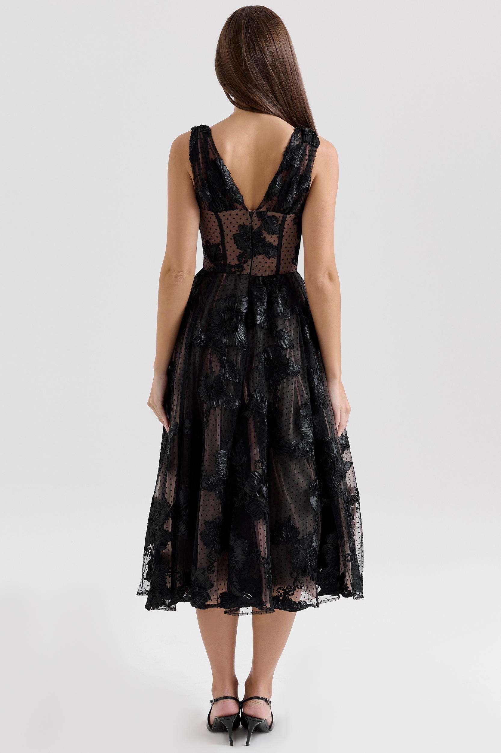 Sianna  black embroidered tulle corset midi dress - sale Product Image