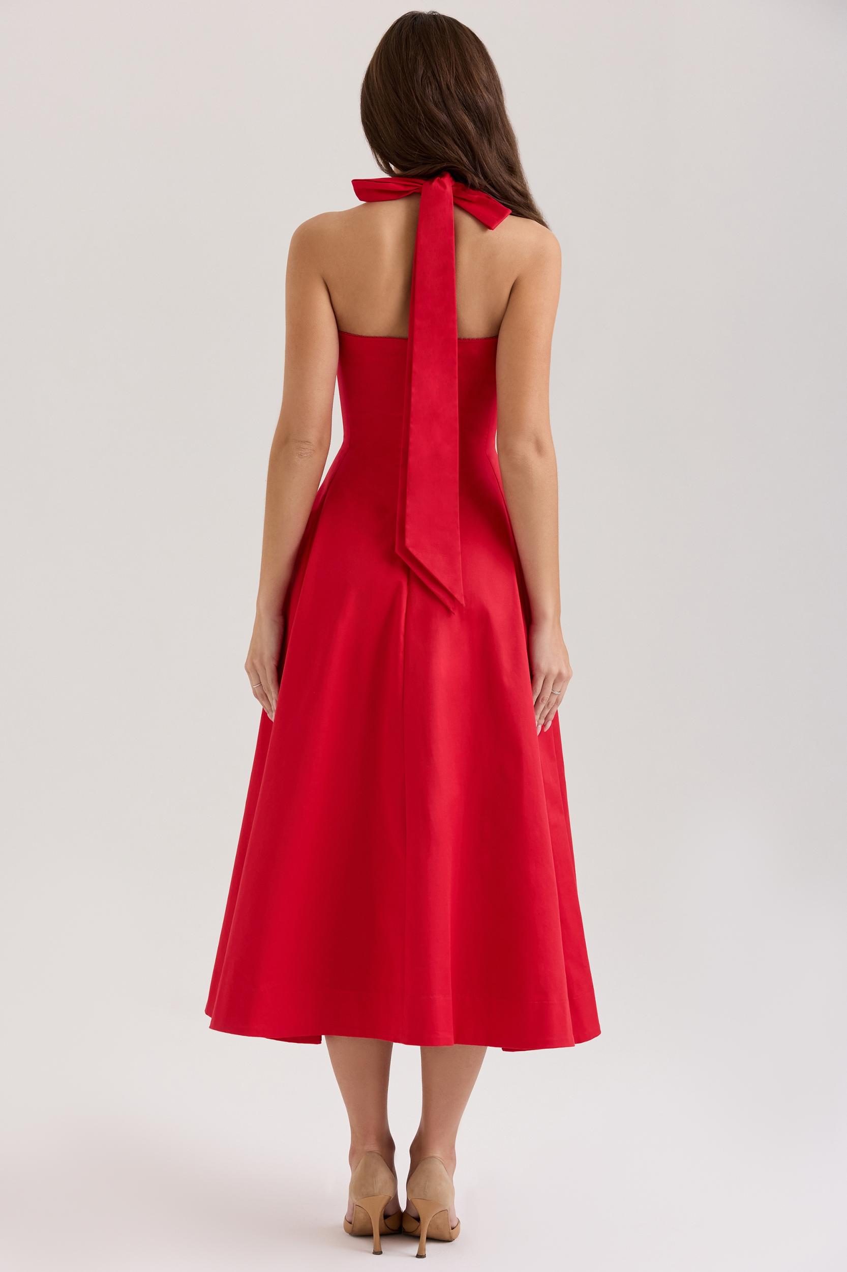 Claudia  red stretch cotton button halter neck midi dress Product Image
