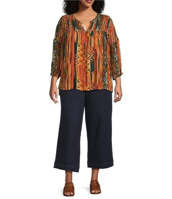 Intro Plus Size Crinkle Gauze Ikat Print Crew Neck 3/4 Sleeve Smocked Detail Button Front Blouse Product Image