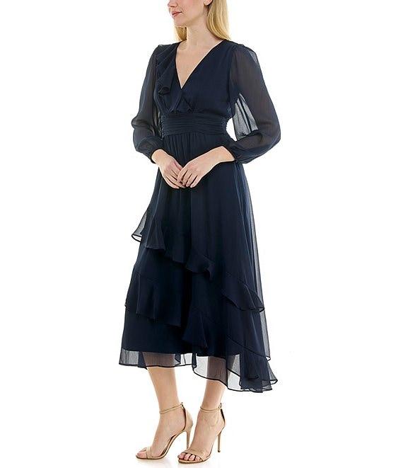 Moda Tara V-Neck Long Sleeve Ruffled Chiffon Midi Dress Product Image