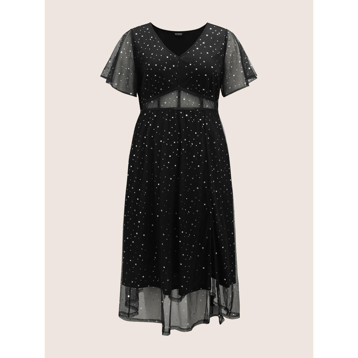 Plus Size Glitter Star Mesh Patchwork Split Hem Dress Black Women Cocktail See through V-neck Short sleeve Curvy BloomChic 12/L Product Image