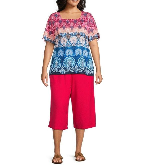 Allison Daley Plus Size Pomegranate Damask Floral Border Print Short Ruched Tie Sleeve Square Neck Knit Top Product Image