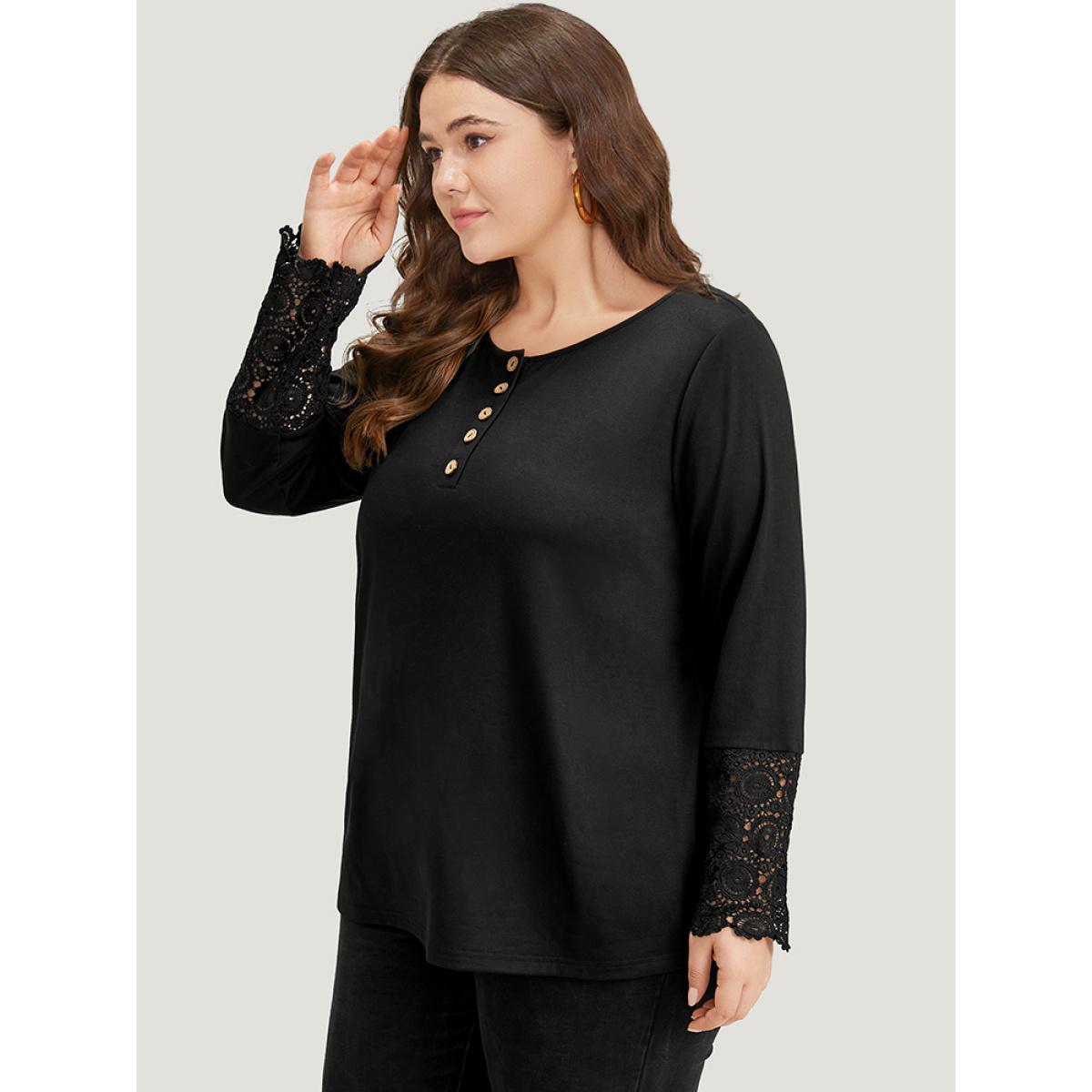 Plus Size Halloween Solid Round Neck Button Up Lace Panel T-shirt Black Women Elegant Plain Plain Open Front Everyday T-shirts BloomChic 26/4X Product Image