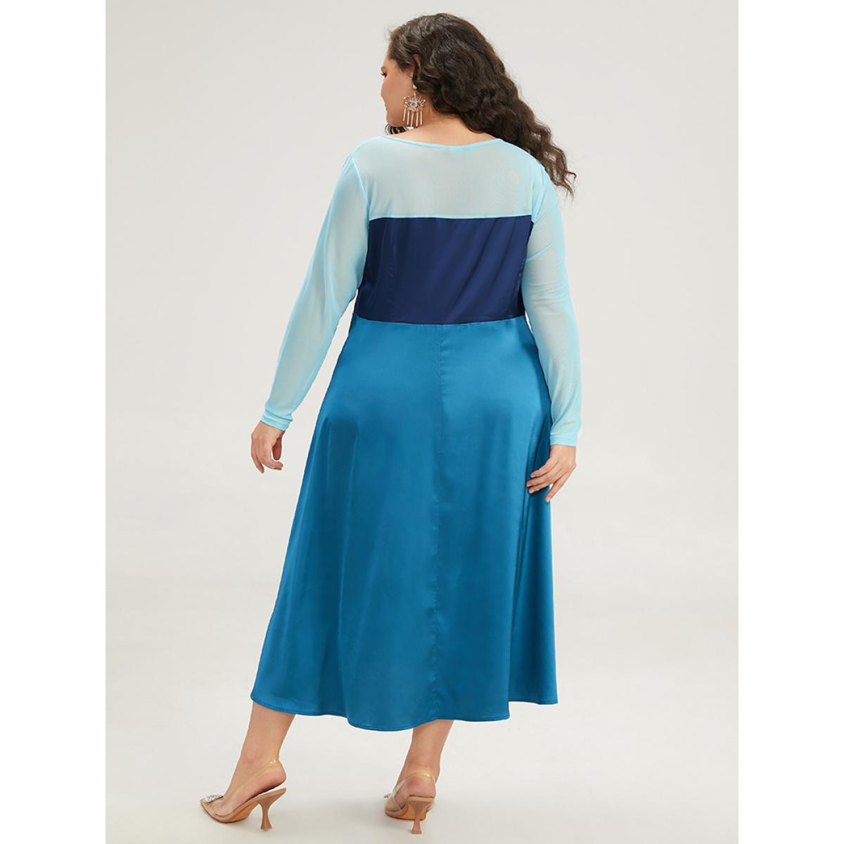 Plus Size Halloween Contrast Patchwork Mesh Dress Aegean Women Elegant See through Round Neck Long Sleeve Curvy Midi Dress BloomChic 12/L Product Image